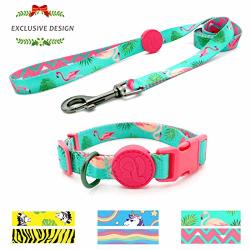 Azuza Dog Collar And Leash Set Adjuatable Dog Collar With Matching Leash For Small Dogs Green & Pink Elegant Flamingo