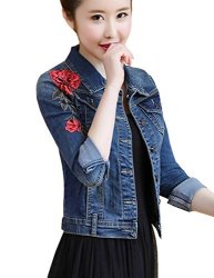 Lrt Womens Denim Jacket Embroidered Floral Jean Jacket XS Blue 2