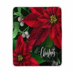 Merry Christmas Throw Blanket Home Decor Super Soft Lightweight Red Poinsettia Flowers Mistletoe Fleece Warm Blankets For Couch Bed Chair Office Sofa Travelling Camping