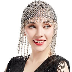Babeyond 1920S Beaded Cap Headpiece Roaring 20S Beaded Flapper Headpiece Belly Dance Cap Exotic Cleopatra Headpiece For Gatsby Themed Party Silver