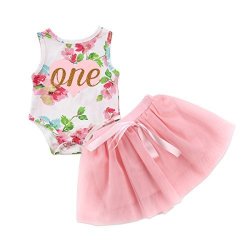 BABY Yannzi Girls' 1ST Birthday Tutu Dress Sleeveless Floral Romper Top Lace Tulle Baptism Skirt Xmas Outfit 2PCS Pink 12-18 Months