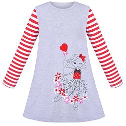 Sunny Fashion Girls Dress Long Sleeve Red White Striped Embroidery Flower Cotton Size 8