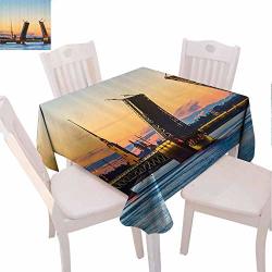 Apartment Decor Decorative Square Tablecloth View Of Palace Bridge With Peter And Paul Fortress St Petersburg White Nights Russia Orange Blue 70X70 Inch