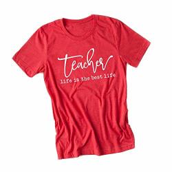 Simply Sage Market Teacher Life Is The Best Life Women's Short Sleeve Graphic Tee- Red Crew-white Ink-large