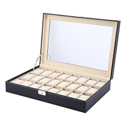 Watch Box 24 Slots Pu Leather Glass Top Display Watch Storage Box Case 24 Slots For Watches