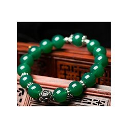 The Starry Night Tibet Silver Lotus Flower Pattern Natural Green Agate 10MM Beaded Bracelet Lucky String