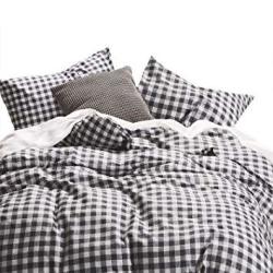 Wake In Cloud - Checker 3PCS Comforter Set Queen 100% Cotton Fabric With Soft Microfiber Inner Fill Bedding Gray Grey Buffalo Check Plaid Geometric