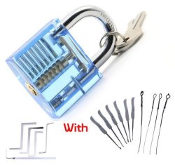 Transparent Padlock With Keys And Tools To Practice Picking A Lock