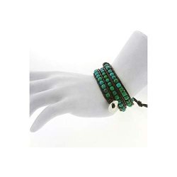 Gem Stone King 14INCHES Blue green Beads On Dark Brown Leather Wrap Bracelet With Snap Button Lock