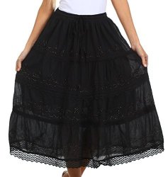 Sakkas 854 Solid Embroidered Crochet Lace Trim Gypsy Bohemian Mid Length Cotton Skirt - Black One Size