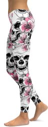 Pink Floral Skulls Leggings - XS