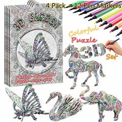 3d Coloring Puzzle Set, 4 Animals Painting Puzzles With 12 Pen