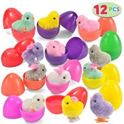Joyin 12 Toys Filled Easter Eggs Assorted Prefilled 12 Easter Eggs With 12 Wind-up Cute And Colorful Bunnies And Chicken Toys