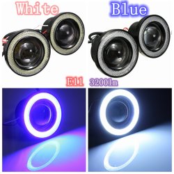 12V Car 3INCH Cob LED Halo Projector Fog Angel Eyes Blue White Ring Light Headlight