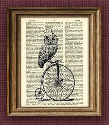 Owl Steampunk Art Print Top Hat Owl On A Penny Farthing Bicycle Bike Print Over An Upcycled Vintage Dictionary Page Book Art