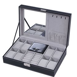 Jewelry Box 8 Watch Display Case Organizer Jewelry Storage Box Black Pu Leather With Mirror And Lock
