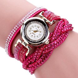 Hunputa Women Luxury Crystal Women Gold Bracelet Quartz Wristwatch Rhinestone Clock Ladies Dress Gift Watches Hot Pink