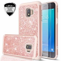 Samsung Galaxy J2 Core Case With Tempered Glass Screen Protector 2 Pack Leyi Glitter Bling Girls Women Dual Layer Heavy Duty Protective Phone Case