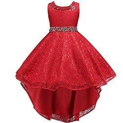 Flower Girls Vintage Overlay Lace Beaded Rhinestone Bridesmaid Wedding Tulle Dresses Party Evening Gown Red 5-6 Years