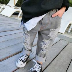 Budingxiong Kids Ripped Long Trousers Elastic Waist Denim - Gray 3T