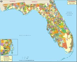 Florida Zip Code Map - Laminated 36" W X 29" H