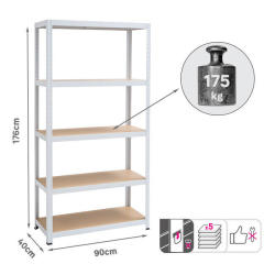 Spaceo Mdf Board & Metal Shelving 5 Tiers White W90XD90XH176CM