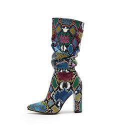 Wetkiss Colorful Snakeskin Boots Mid-calf Boots Thick High Heels Pointed Toe Zipper Slouch Boots Snake