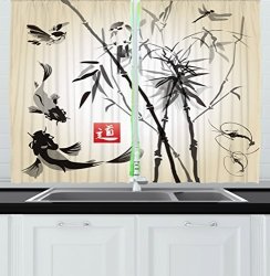 Ambesonne Kitchen Decor Collection Japanese Traditional Art Garden Zen Wildlife Forest Design Meditation Fish Origami Home Window Treatments For Kitchen Curtains 2 Panels 55X39