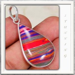 Exquisite Colours Pear Shape Rainbow Calsilica Gemstone .925 S silver Pendnt