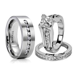 LOVERSRING Couple Ring Bridal Set His Hers Women White Gold Plated Cz Men Titanium Wedding Ring Band Set