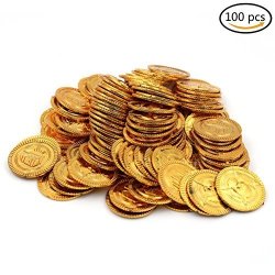 HuiYouHui Pirate Gold Coins Plastic set of 100,Play Gold Treasure Coins for Play Favor Party Supplies Pirate Party Treasure Hunt Game and Party Favors（Vintage pirate money）