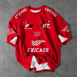 Men's Chicago Racing-inspired Red Streetwear T-Shirt - Breathable Polyester Crew Neck Summer Casual With Geometric Design