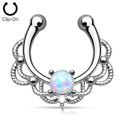 Lacey Single Opal 16G Septum Hanger Clip On Non No Piercing - Choose Blue White Pink Or Purple Synthetic Opal White