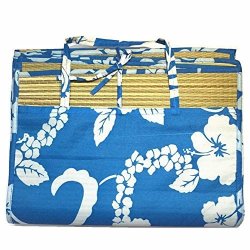 Mullsan 36"X72" Large Portable 3 Folds Straw Beach Mat With 100% Cotton Canvas Multi Stripe Outer Bag With 2 Straps For Handle Blue