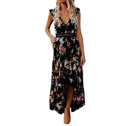 Women Deep V Neck Chiffon Dress Sleeveless Backless Summer Casual Asymmetrical Floral Maxi Dress XL Black