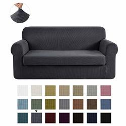 CHUN YI Stretch Sofa Slipcover 2-PIECE Couch Cover Furniture Protector Settee Coat Soft With Elastic Bottom Checks Spandex Jacquard Fabric Large Gray