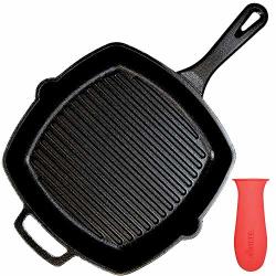 Cast Iron Square Grill Pan - 10.5 Inch Pre-seasoned Skillet With Handle Cover And Pan Scraper - Grill Stovetop Induction Safe - Indoor And