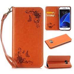 Black Friday 2016-FOR Samsung S7 Case-valentoria Samsung S7 Case Cover Premium Vintage Flower Butterflies Leather Wallet Pouch Case With Wrist Strap For Samsung S7 Brown