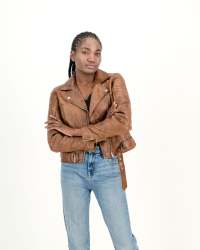 Women's Cargo Biker Waxed Brown 100% Leather Jacket- - 4XL