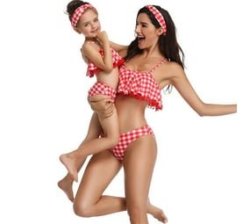 2 Piece Nylon Matching Bikini Swimwear Bathing Suits For Mom Or Daughter - Red - Checkered Print - Size XL
