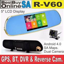 R-v60 5" Gps Mirror Unit With Bt Fmt Dvr Dual Camera And Free Sa Maps Free Shipping