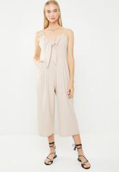 Revenge Spaghetti Strap Jumpsuit With Bow Front - Beige
