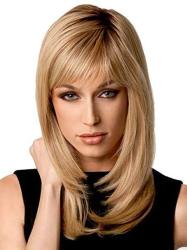Natural Ombre Blonde Straight Wigs - Auflaund Long Bob Straight Blonde Hair Wigs With Side Bangs For Women + Wig Cap 21 Inch