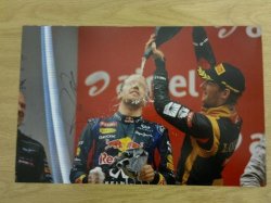 Stunning Hand Signed Autograph Of Sebastian Vettel In 2013 Being Showered In Champagne By Grosjean.