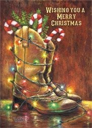 18 Christmas Cards And Embossed Envelopes Decorated Cowboy Boots
