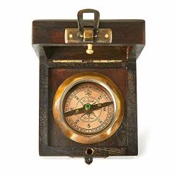 SUPER7ONE Antique Vintage Brass Compass In Wooden Box Vintage Black