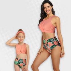 Iconix 2 Piece Nylon Matching Bikini Swimwear Bathing Suits For Mom Or Daughter - Peach - Tropical Print - Size 6 To 8 Years