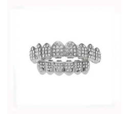 Teeth Grillz Silver Plated With Ice'd Out Upper And Lower Diamonds