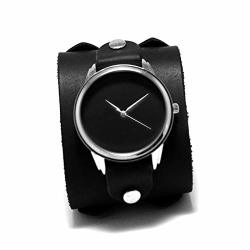 Minimalist Matte Black Cuff Watches On Genuine Leather Pad Band Double Buckled Johnny Depp Style