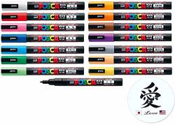 Uni Paint Marker Poster Color 15 Marking Pen Medium Point PC-5M Standard Color Set with Kanji Love Sticker